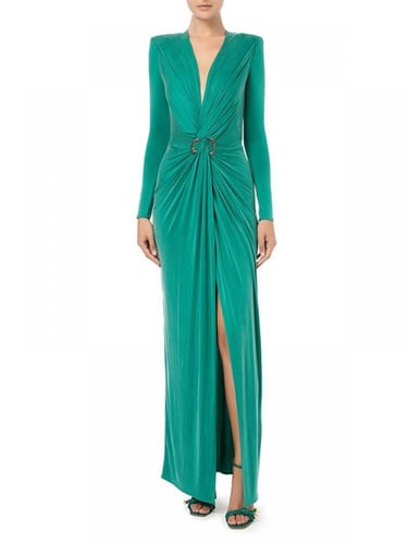 فستان سهرة نسائي بطيات ، أكمام طويلة ،لون واحد، مو...