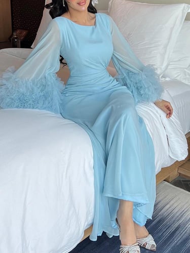 فستان طويل بخصر مطوي للنساء أكمام واسعة , ولون موح...