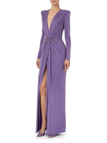 فستان سهرة نسائي بطيات ، أكمام طويلة ،لون واحد، مو...