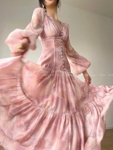 فستان أنيق بطباعة الزهور للنساء بياقة على شكل v بأ...