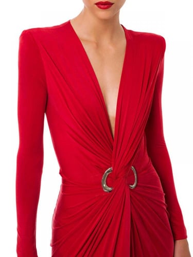 فستان سهرة نسائي بطيات ، أكمام طويلة ،لون واحد، مو...