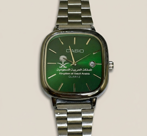ساعة كاسيو بنقش خاص بالمملكة (فضي وميناء اخضر)