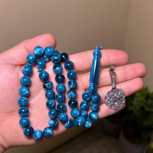 سبحة بكلايت تركوازي مخلوط طربزونة فضة