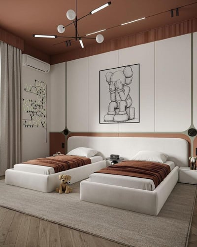 سريرين اطفال مع ظهر مشترك بقماش قطيفة