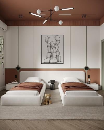 سريرين اطفال مع ظهر مشترك بقماش قطيفة