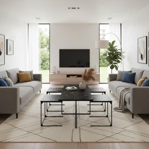 طاولات قهوة طقم 5 قطع خشب ماليزي - أسود رخامي