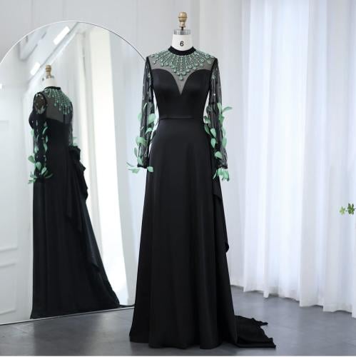 فستان سهرة ناعم زمرد الأخضر الريش فستان اسود من سم...