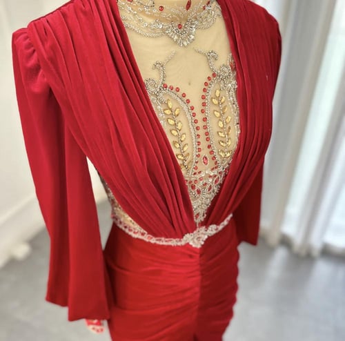 فستان سهرة ناعم بورجوندي مخمل مع تطريز يدوي-S40