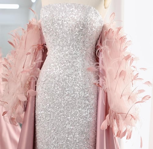 فستان سهرة ناعم بأكمام طويلة ترتر -لون قرنفل من سم...