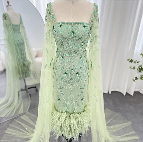 فستان سهرة ميدي تطريز يدوي مع ريش من سمارا بوتيك-S...