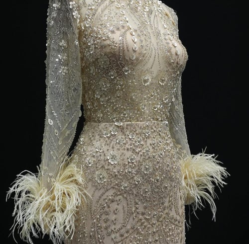 فستان سهرة تطريز فاخر مع كم ريش من سمارا بوتيك-E62