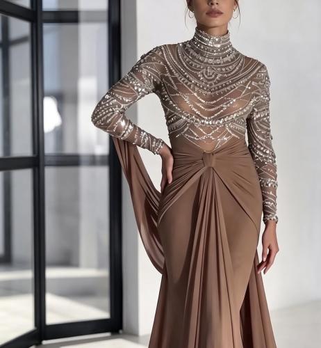 High neck evening dress with long, modest sleeves, brown, from Samara Boutique - E146
