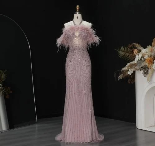 Evening dress with a feather bodice and hand embroidery from Samara Boutique - E145