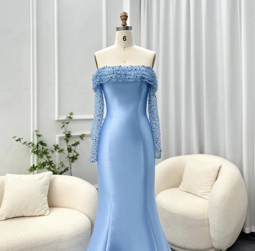 فستان سهرة ناعم ساتان ازرق فاتح من سمارا بوتيك-S53