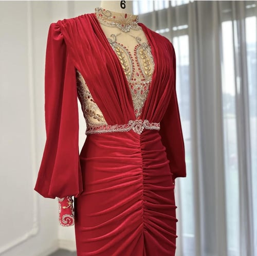 فستان سهرة ناعم بورجوندي مخمل مع تطريز يدوي-S40