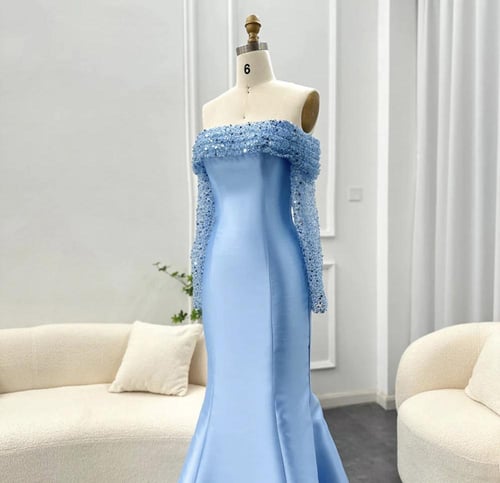 فستان سهرة ناعم ساتان ازرق فاتح من سمارا بوتيك-S53