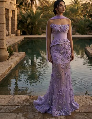 Purple evening dress with three roses from Samara Boutique - E131