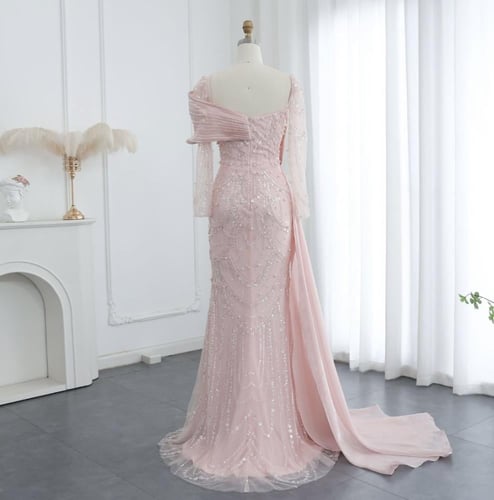 فستان سهرة فاخر كرستال مع أكمام طويلة منفصلة من سم...