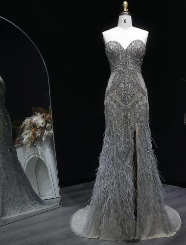 Samara Boutique Grey Feather Evening Dress - E140