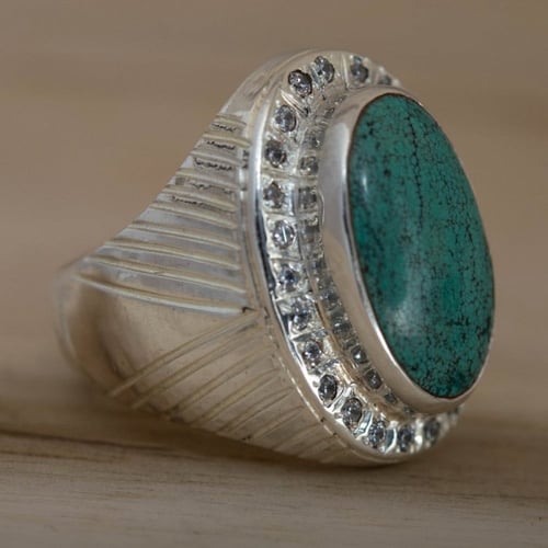 خاتم رجالي حجر الفيروز الطبيعي واحجار الزركون