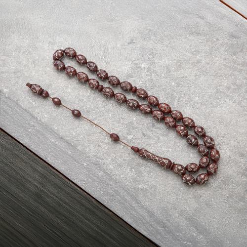 سبحة كوك فضه 10 ملي بنية بنقشة فضية