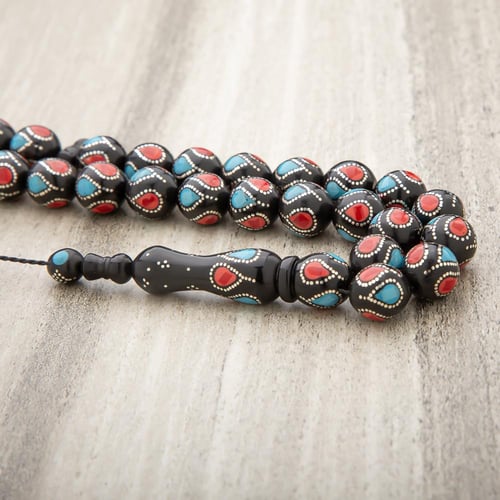 سبحة كوك فضه 12 ملي نقش أحمر وسماوي