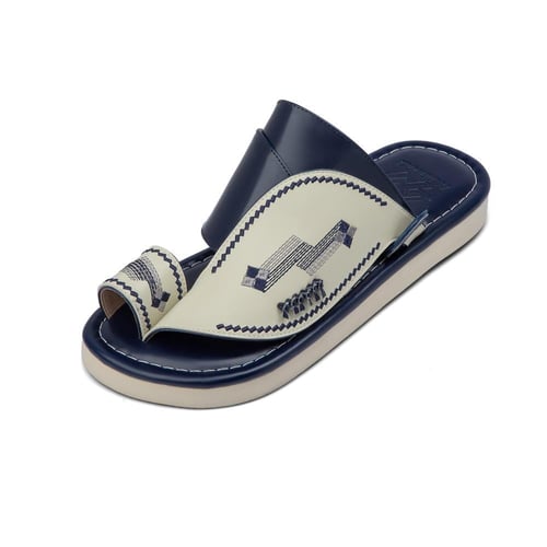 صندل شرقي جلدي كحلي داكن وأبيض بتطريز فاخر