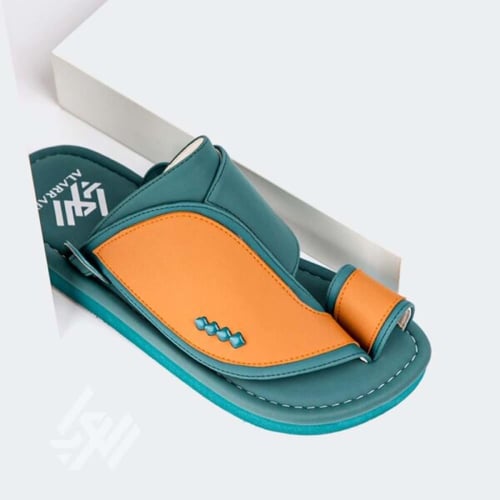 نعال وطني شرقي جلد طبيعي تركواز وبرتقالي