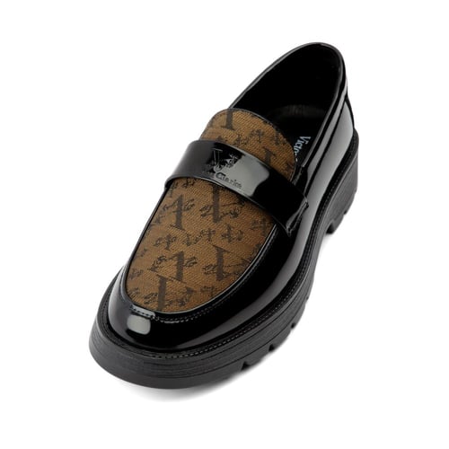 حذاء لوفر جلد اسود لامع ومخمل ذهبي