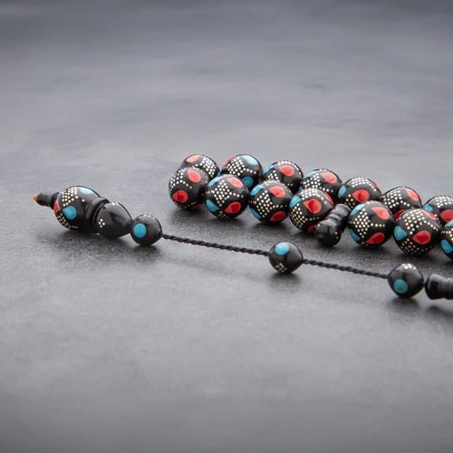 سبحة كوك فضه 12 ملي بنقشات هادئة سماوي وأحمر