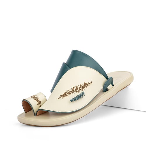 حذاء شرقي طبي جلد زيتي وسكري مطرز