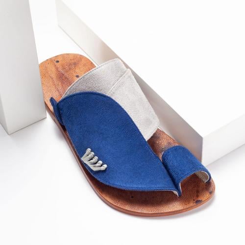 نعال شرقي أزرق ورمادي جلد طبيعي بتصميم فاخر