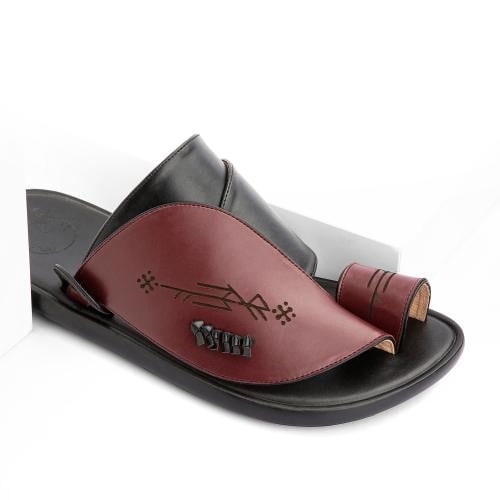 حذاء شرقي طبي جلد أسود وخمري مطرز