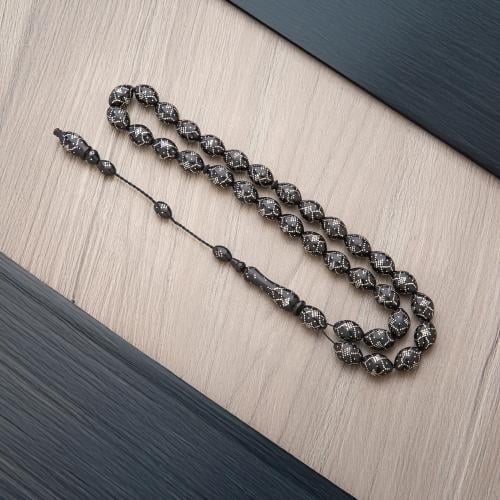 سبحة كوك فضه 10 ملي أسود بنقش تقليدي