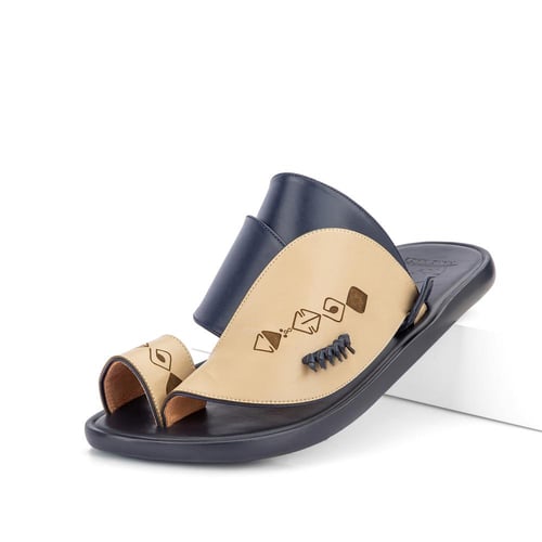 حذاء شرقي طبي جلد كحلي وبيج مطرز