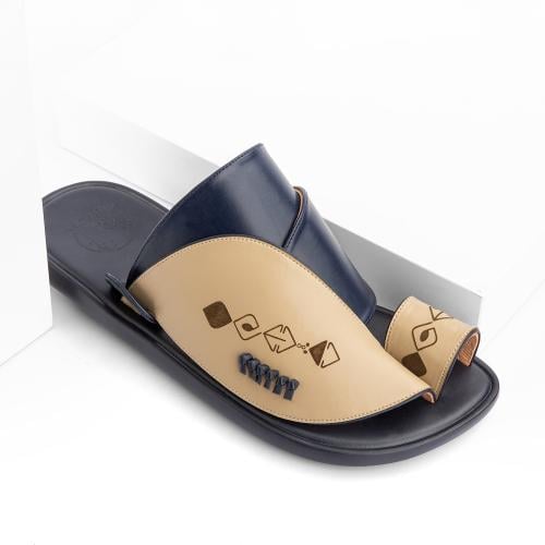 حذاء شرقي طبي جلد كحلي وبيج مطرز