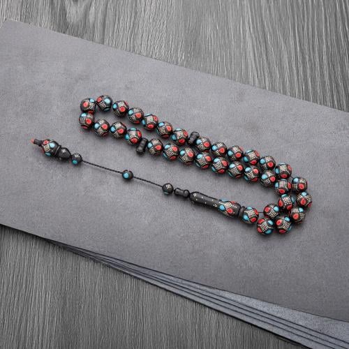 سبحة كوك فضه 12 ملي بنقشات هادئة سماوي وأحمر