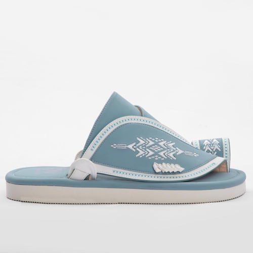 نعال رجالي مطرز ، من الجلد الطبيعي السماوي الرهيب