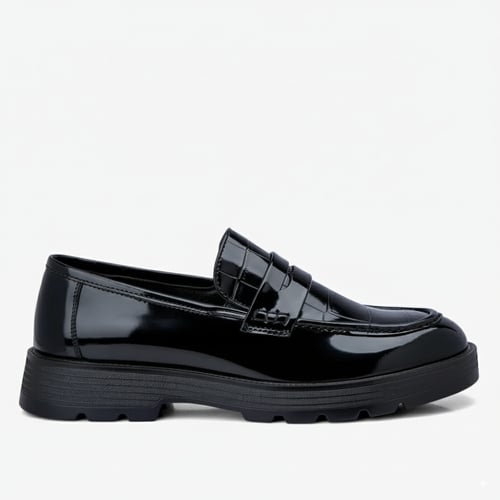 حذاء لوفر أسود جلد لامع بنقشة تمساح