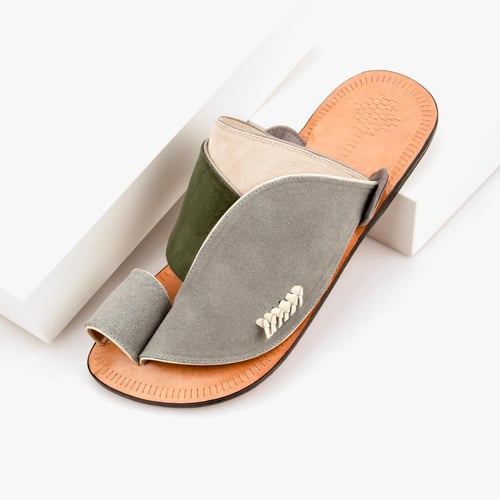 حذاء شرقي وطني جلد طبيعي رمادي، زيتي وبيج