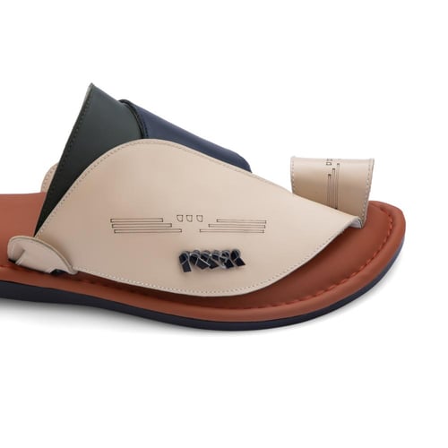 نعال شرقي طبي جلد مطرز بيج - كحلي -زيتي