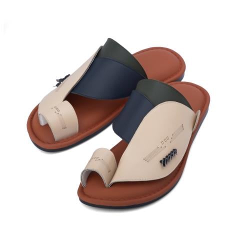 نعال شرقي طبي جلد مطرز بيج - كحلي -زيتي