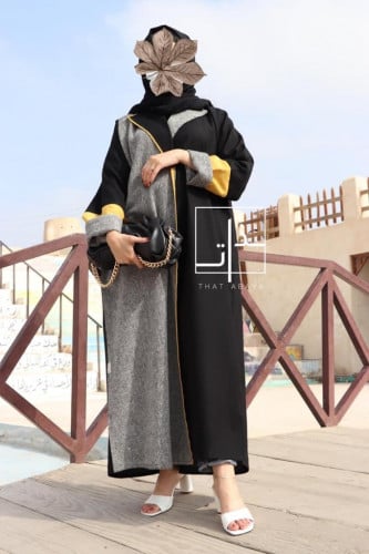 عباية مزينة باللون الأصفر + الصوف #156