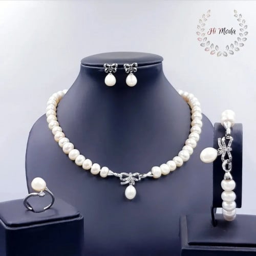 طقم لؤلؤ زراعي وفضة فخم