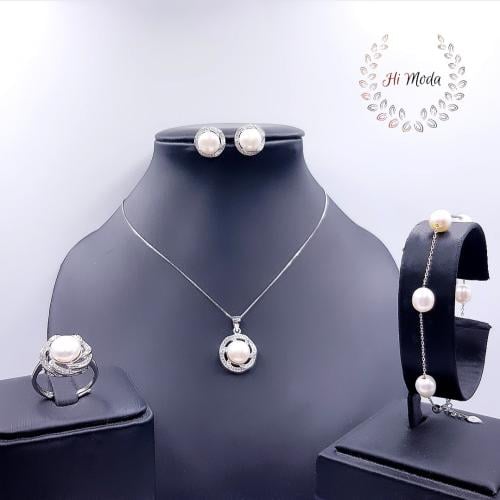 طقم فضة ولولو طبيعي زراعي وزركون مميز