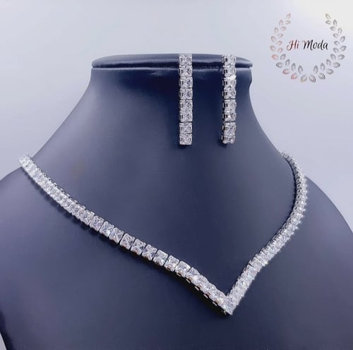 طقم زركون فضي تنس لمعة قوية