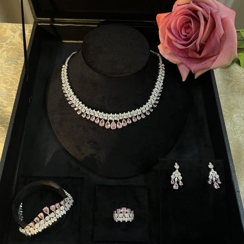 طقم زركون فضي وردي جودة عالية