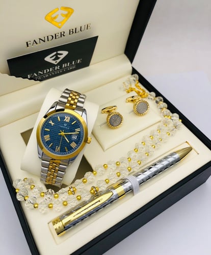 طقم ساعه رجالي مكس فضي ذهبي