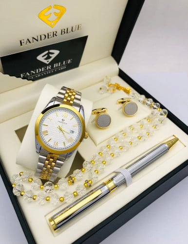 طقم ساعه رجالي مكس فضي ذهبي