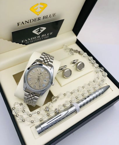 طقم ساعه رجالي فضي